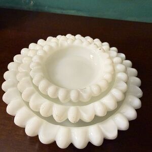 three nesting vintage Fenton Hobnail milk glass ashtrays/bowls